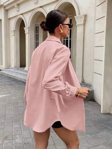SHEIN Frenchy 女士 Y2K 街头服饰两件套：超大号粉色纽扣衬衫和修身黑色连体衣 - 适合机场旅行的运动休闲装，夏季休闲返校装 - 粉色 - 查看 8