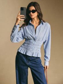 Poéselle Women's Fashionable Commuter Striped Gathered Waist Shirt,Elegant,Casual,American Preppy Hot Girl Shirt With Long Sleeves, Women's Work Shirt, Business,Casual,New Year,Elegant Women,Fall/Winter - Blue and White - View 1