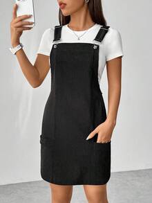 SHEIN PETITE 1件装 女士小号灯芯绒无袖黑色弹力修身休闲通勤背带连衣裙，简约休闲学校假期 - 黑色 - 查看 4