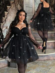 Lyrianda Plus Size Waist Tie Bow Decor Dress, Party Wear Glitter Dress Black Sparkle Dress Tulle Dress Sparkly Dress Black Glitter Dress
