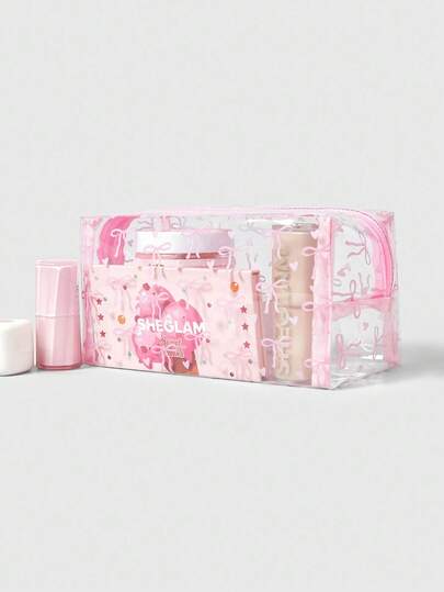 Kawaii Bolsa de cosméticos portátil de moda estilo kawaii con estampado de lazos y corazones