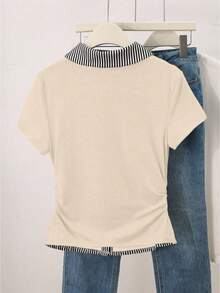 INAWLY Áo thun polo tay ngắn cổ bẻ kẻ sọc chắp vá dành cho nữ in hình chó Dachshund - Màu be - Xem 2