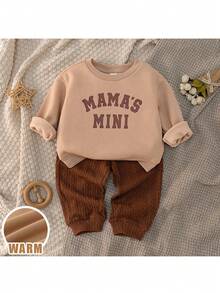 Loomiva 2pcs/Set Young Boy Letter Print Soft Knit Crew Neck Long Sleeve Hoodie And Elastic Waist Pants - Multicolor - View 6