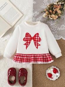 SHEIN Infant Girls' Fashion Sweatshirt Fabric Bow Embroidered Ruffle Hem Plaid Design Top, Autumn/Winter - Apricot - View 1