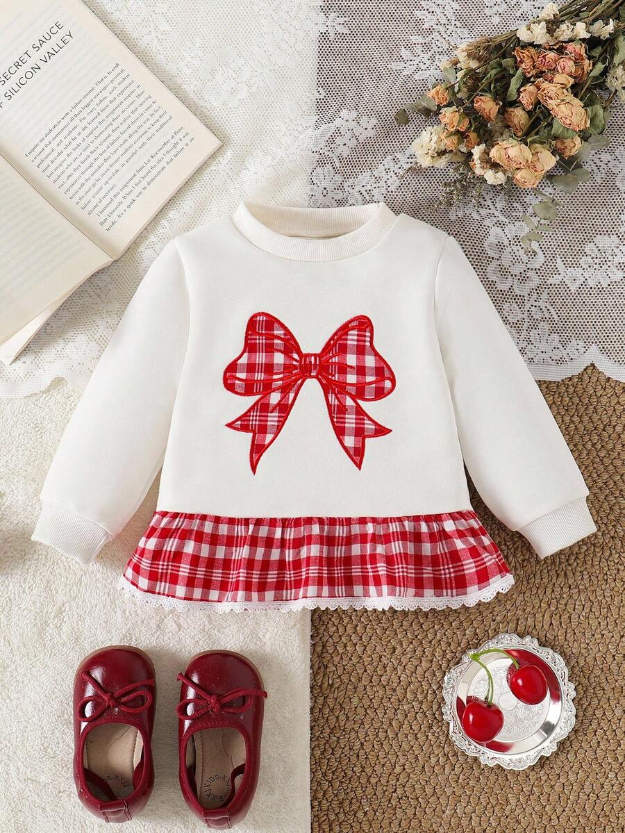 SHEIN Infant Girls' Fashion Sweatshirt Fabric Bow Embroidered Ruffle Hem Plaid Design Top, Autumn/Winter - Apricot - View 1