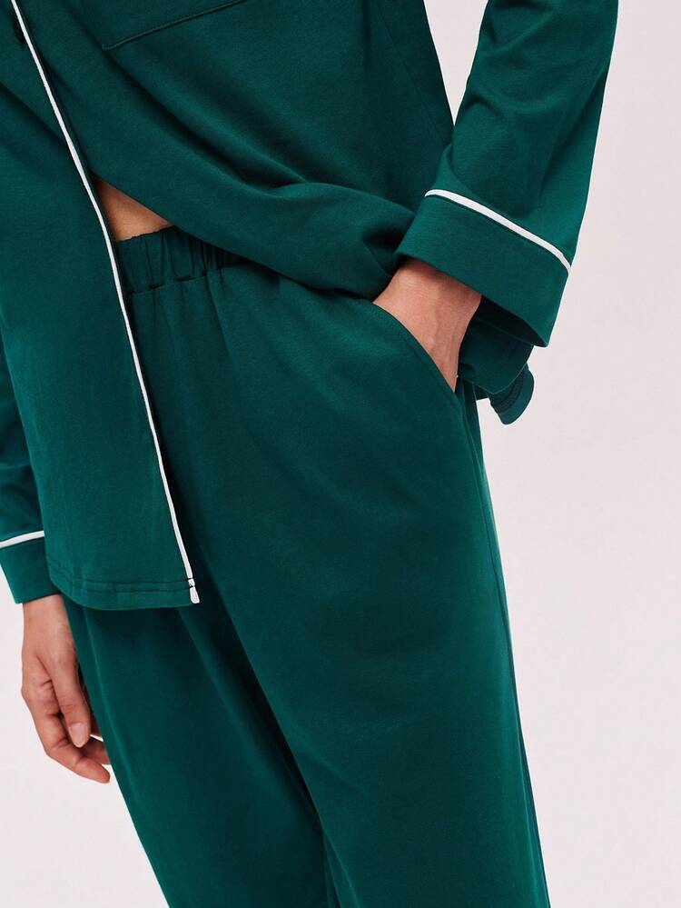 Pijama de Navidad y Año Nuevo para pareja, suave 100% algodón puro con ribete de contraste verde, top abotonado básico y pantalones, conjunto de prendas de estar en casa con bolsillos, para mujer, ropa de otoño