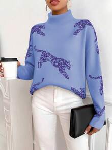 SHEIN LUNE Sweater Wanita Kasual Motif Hewan dengan Kerah Tegak, Musim Gugur/Dingin - Baby Blue - View 5