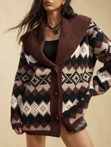 Easelle Vintage Women's Bohemian Style Geometric Pattern Long Sleeve Casual Knit Cardigan, Christmas Sweater Autumn/Winter New Year