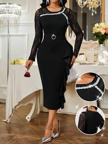 SHEIN Lady Women's Contrast Lace Round Neck Long Sleeve Ruffle Hem Fitted Elegant Black Dress