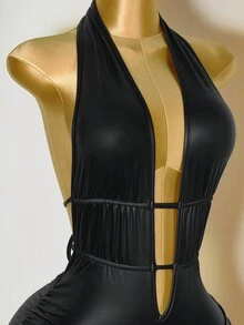 BamGleam 性感街头纯色 PU 皮革褶皱镂空绷带深 V 露背连体裤，秋季女式 - 黑色 - 查看 4