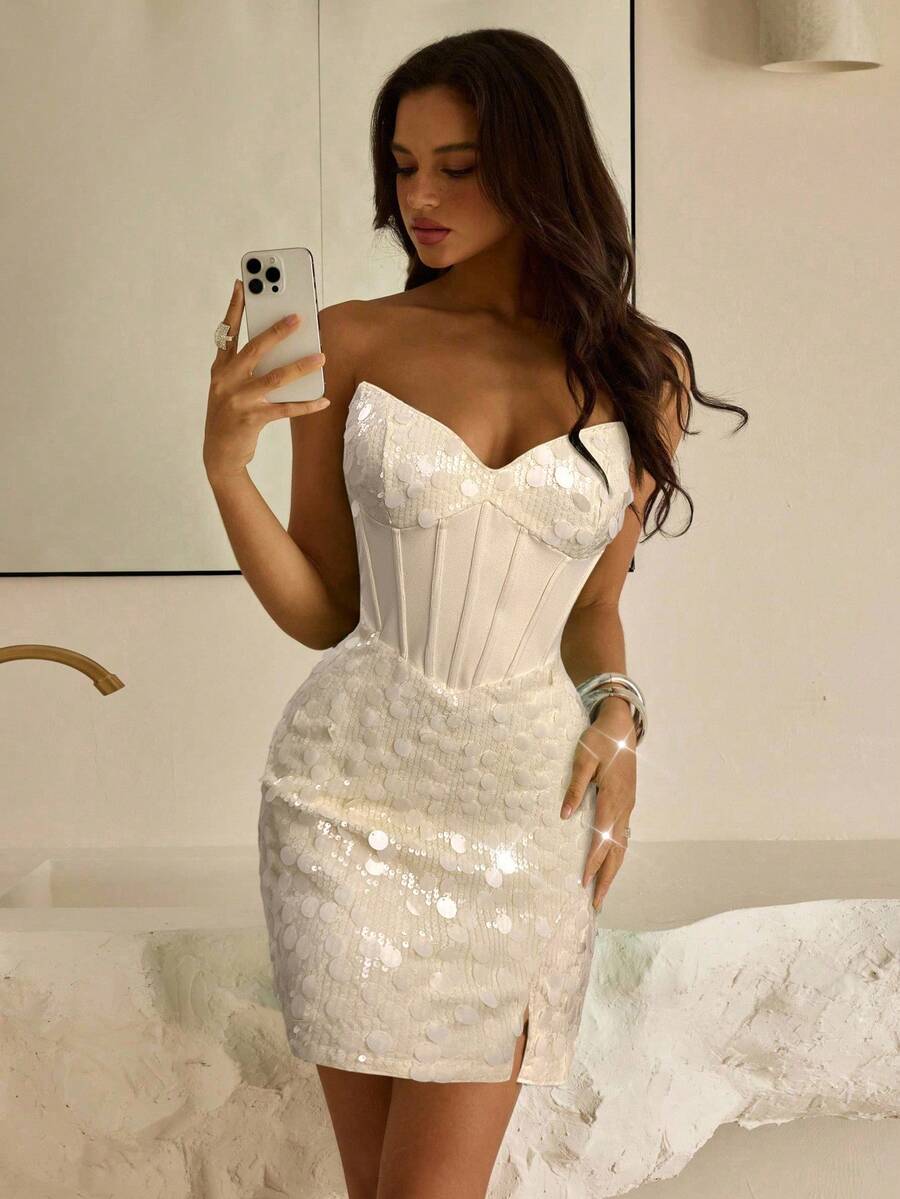 Vowa Elegantes, luxuriöses Minikleid mit Pailletten-Patchwork und elastischem Strick, trägerlos, geeignet für Hochzeiten, Partys, Feiertage, Bälle - Aprikosenfarben - Übersicht 1