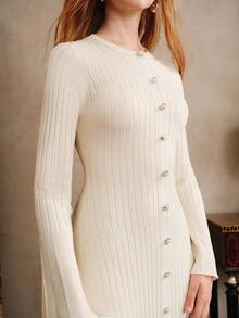 Arave 纯色连衣裙，女式法式简约腰部修身针织长裙 - 杏色 - 查看 2