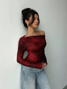 Aloruh Women's Asymmetric T-Shirt,Twist Knot Tie Dye Burgundy Dark Red Long Sleeve Knit Top,Seksi Chic Night Out Elegant For Autumn/Winter Dates Parties - Burgundy - View 4