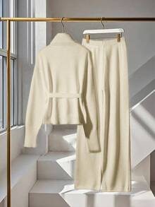 SHEIN Franclia 2件套女士高端优雅针织毛衣，白色，秋冬 - 杏色 - 查看 2