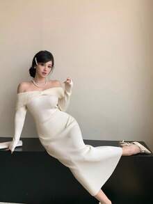 DAZY 优雅露肩扭结设计中长毛衣裙，适合冬季、新年、圣诞节、婚礼、派对、时尚活动 - 米色 - 查看 9