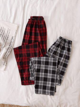 2 piezas Pantalones de pijama con estampado de cuadros clásico para adolescentes, pantalones cómodos de estar en casa