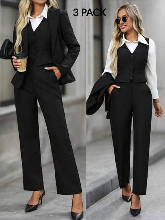 EMERY ROSE Conjunto de traje casual de mujer de unicolor con chaqueta de solapa de un solo botonadura, chaleco y pantalones para otoño e invierno