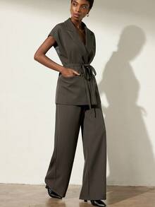 Aveloria Modichic Women's Elegant Turndown Collar Casual Belted Loose Cap Sleeve Vest And High Waist Wide Leg Pants Suit Set - Olive Green - View 4