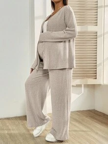 SHEIN 2件套孕妇休闲纯色纽扣前上衣和裤子套装，秋季