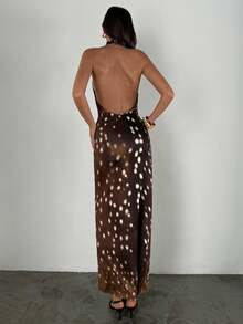 Aloruh 女式新款秋冬无袖挂脖连衣裙，性感鹿纹高领露背长款连衣裙，派对俱乐部服装 - 彩色 - 查看 2