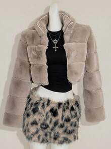 SHEIN ICON 女式宽松卡其色条纹仿皮草大衣，秋冬 - 卡其色 - 查看 1