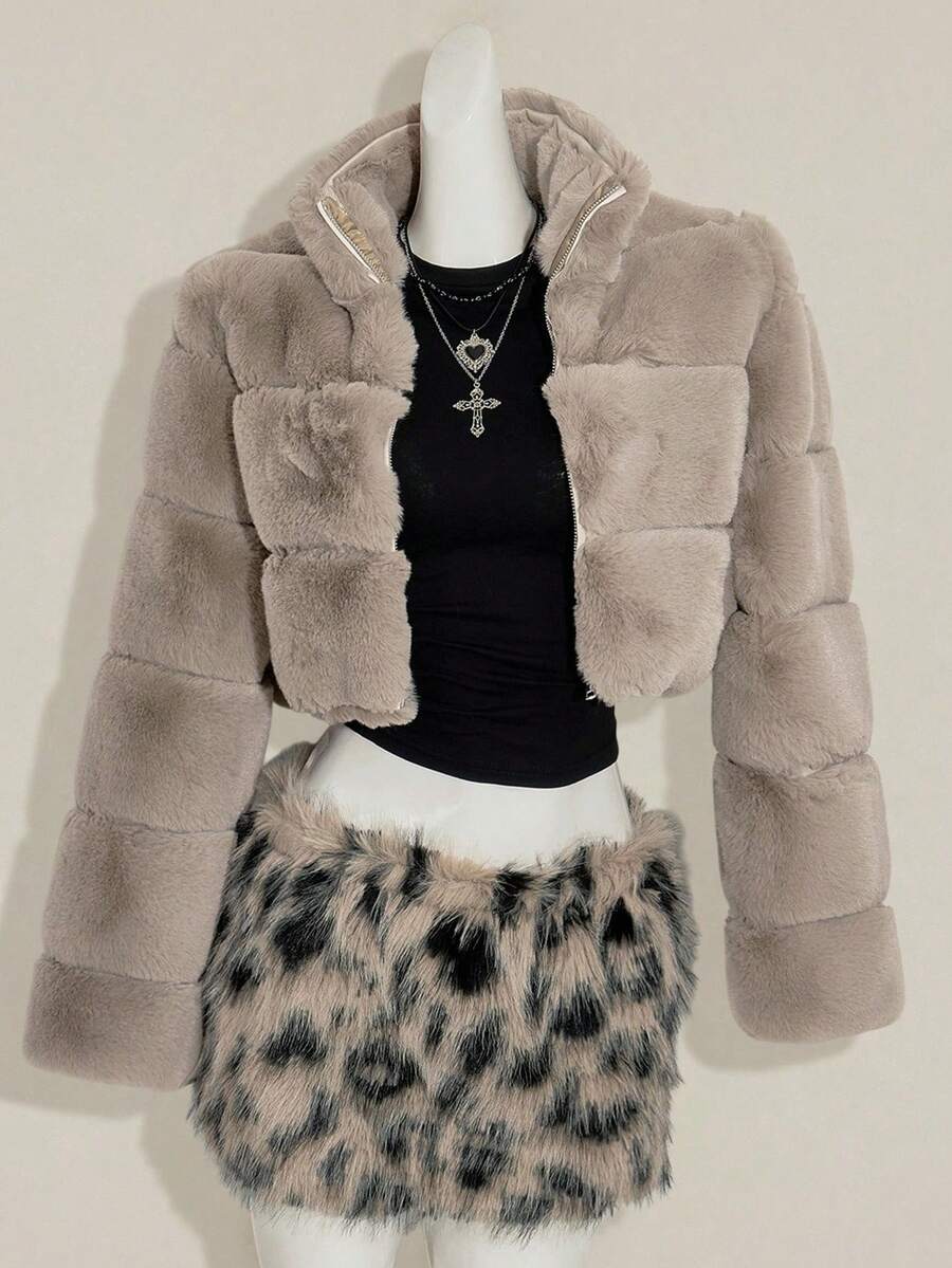 SHEIN ICON 女式宽松卡其色条纹仿皮草大衣，秋冬 - 卡其色 - 查看 1