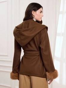 Miaspire Women's Elegant Wool Blend Hooded Cardigan Coat With Belt, Deep Brown, Fuzzy Cuffs, High-Quality Silhouette Autumn Winter Clothes For Women - Brown - View 9