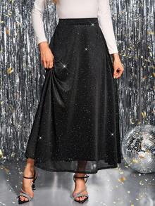 SHEIN Clasi Women's High Waist Shiny Elegant A-Line Midi Skirt Christmas Winter Skirt  New Year  Thanksgiving Party Black  Elegant Luxury - Black - View 3