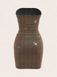 SHEIN ICON 返校节礼服夏季性感金属感紧身迷你露肩连衣裙 - 棕色 - 查看 6