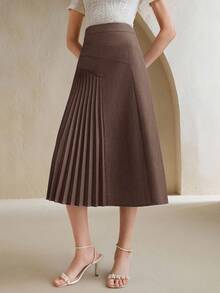 Anewsta 女士商务半身裙，简约百褶设计，优雅气质，秋季 - 咖啡棕 - 查看 6