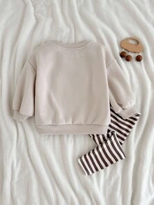 Loomiva 2 件套女婴卡通熊图案针织柔软圆领长袖套头衫和松紧腰裤套装