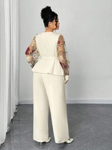 Elenzga Plus Size Women Elegant Contrast Mesh Embroidered Long Sleeve Blouse And High Waist Wide Leg Pants 2 Pieces Set - Apricot - View 2