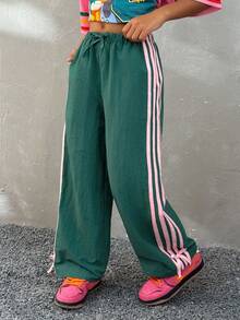 Coolane Kids 少女休闲撞色裤，侧条纹松紧腰休闲宽松运动裤，夏季女童裤，休闲百搭，适合日常街头穿着，工装裤 - 綠色 - 查看 3