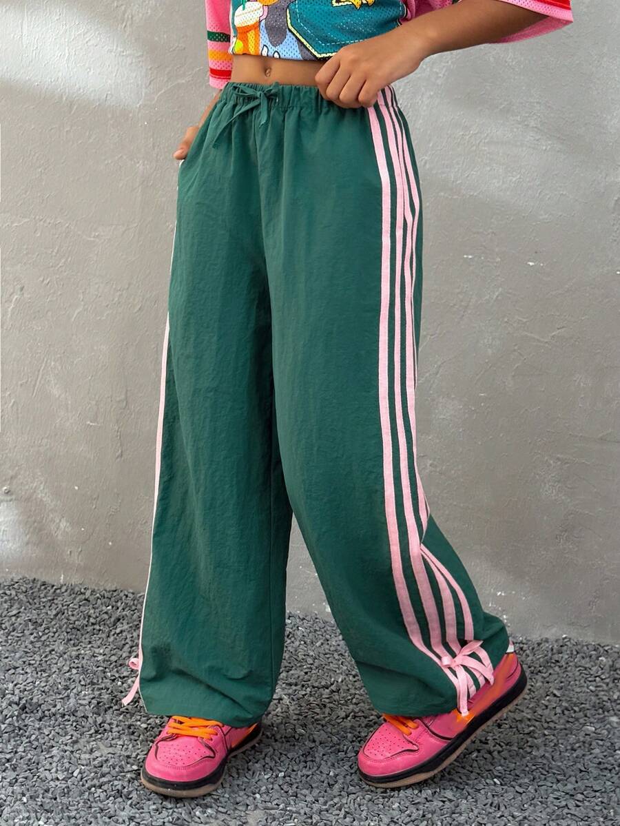 Coolane Kids 少女休闲撞色裤，侧条纹松紧腰休闲宽松运动裤，夏季女童裤，休闲百搭，适合日常街头穿着，工装裤 - 綠色 - 查看 1