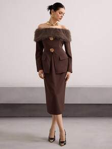 Modelyn 女士时尚通勤毛茸茸拼布露肩上衣和半身裙两件套 - 棕色 - 查看 6