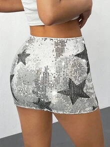 SHEIN PETITE Falda con estampado de estrellas y lentejuelas para mujer, adecuada para fiestas, Halloween, Navidad, discotecas, de alta calidad, elegante, brillante y sexy. Falda con lentejuelas plateadas y estampado de estrellas, estilo de fiesta de Halloween y Navidad, estilo personalizado y brillante. - Plateado - Ver 2