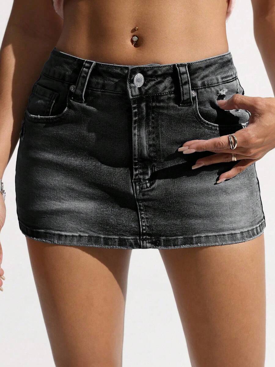 SHEIN ICON Váy denim mini ôm sát gợi cảm thời trang dành cho nữ - màu đen - Xem 1