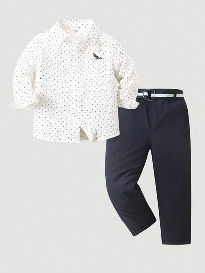 SHEIN 2pcs Young Boy Gentleman Set: Polka Dot Long Sleeve Shirt And Suit Pants, Fashionable Gentleman Style, Suitable For Birthday Party, Formal Event, Wedding, Christening, Christmas, Halloween