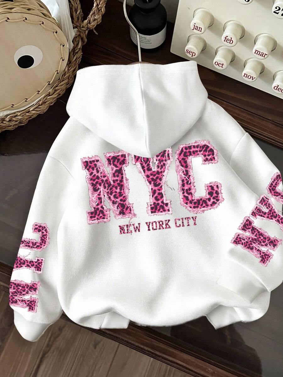 SHEIN EZwear Casual Minimalist NYC Leopard Print English Letter Sweatshirt, Suitable For Fall/Winter - Multicolor - View 1