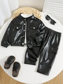 2 件套婴儿男童/女童休闲舒适百搭立领长袖厚 PU 夹克和休闲工装裤套装，适合冬季 - 黑色 - 查看 6