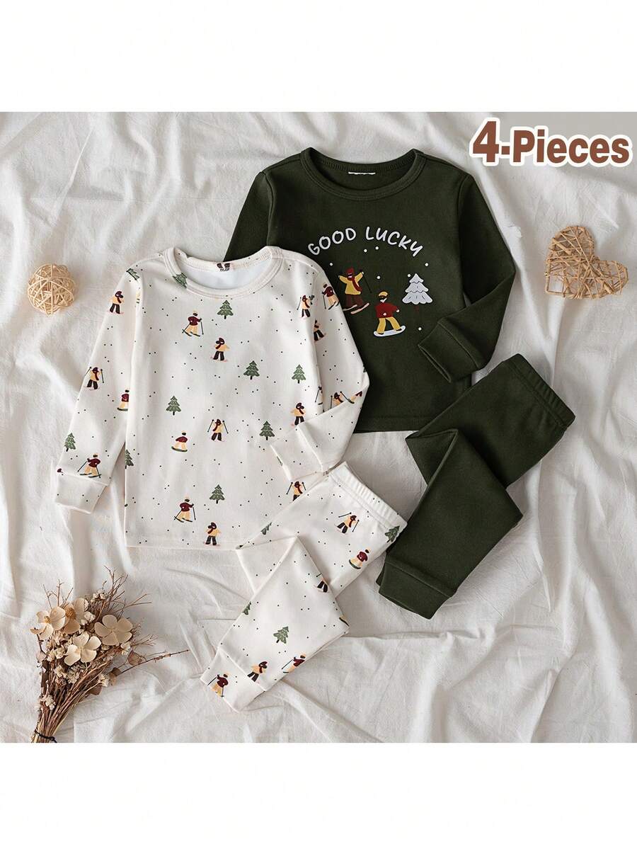 Loomiva 4 件套男婴和女婴圣诞卡通滑雪图案针织柔软圆领长袖上衣和松紧腰长裤舒适睡衣套装，适合家居服、休闲装、百搭搭配、家居服、睡衣 - 彩色 - 查看 1