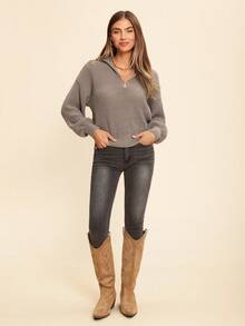 Coeurva Half Zip Drop Shoulder Grain Sweater,Long Sleeve Tops,Knitted Sweater - Brown - View 3