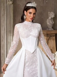 Aureia Elegant, Luxurious And Romantic White Mandarin Collar Long Sleeve French Lace And Chiffon With Pleated Satin Oversized A-Line Hem, Suitable For Weddings, Parties, Vacations, Graduations, Bridal Gowns