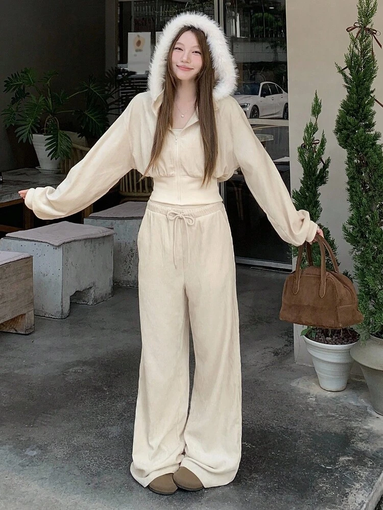 Women's Autumn Drop Shoulder Furry Hooded Sweatshirt And Wide Leg Pants Casual 2 Pieces Set Tracksuits Women Set Lounge Sets For Women