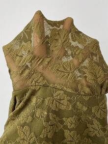 Modelyn French Design Lace High Neck Tie Waist Ruched Slim Fit Dress For Women - Olive Green - View 8