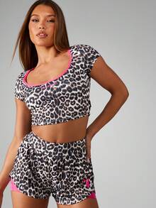 Missguided x Playboy Leopard Print Workout Crop Top Athletic Tank Performance Wear Pink Trim Sports Bra Style Running Gym Training Active Wear - Multicolor - View 1