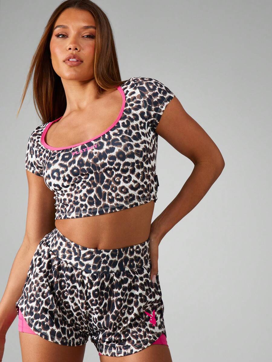 Missguided x Playboy Leopard Print Workout Crop Top Athletic Tank Performance Wear Pink Trim Sports Bra Style Running Gym Training Active Wear - Multicolor - View 1