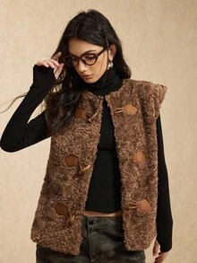 Easelle 大码女式按扣前仿皮草衬里背心，休闲西式保暖夹克 - 棕色 - 查看 5