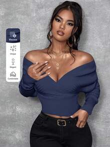 SHEIN SXY 女款時尚優雅性感海軍藍秋季交叉領蝙蝠袖修身套頭針織衫露肩低胸上衣 夜店約會穿搭 - 藏蓝色 - 查看 3