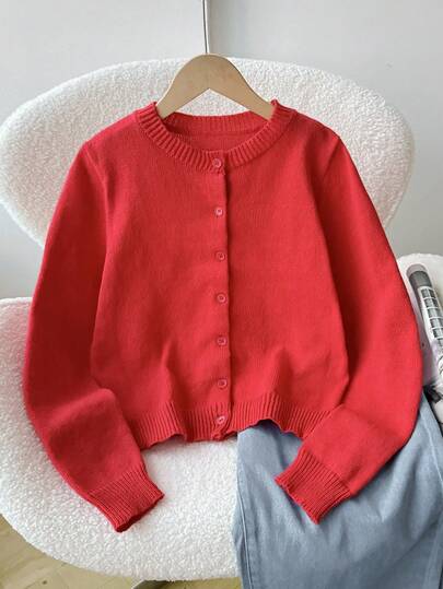 SHEIN 青少年女孩宽松休闲简约舒适圆领前开纯色毛衣秋冬女孩服装